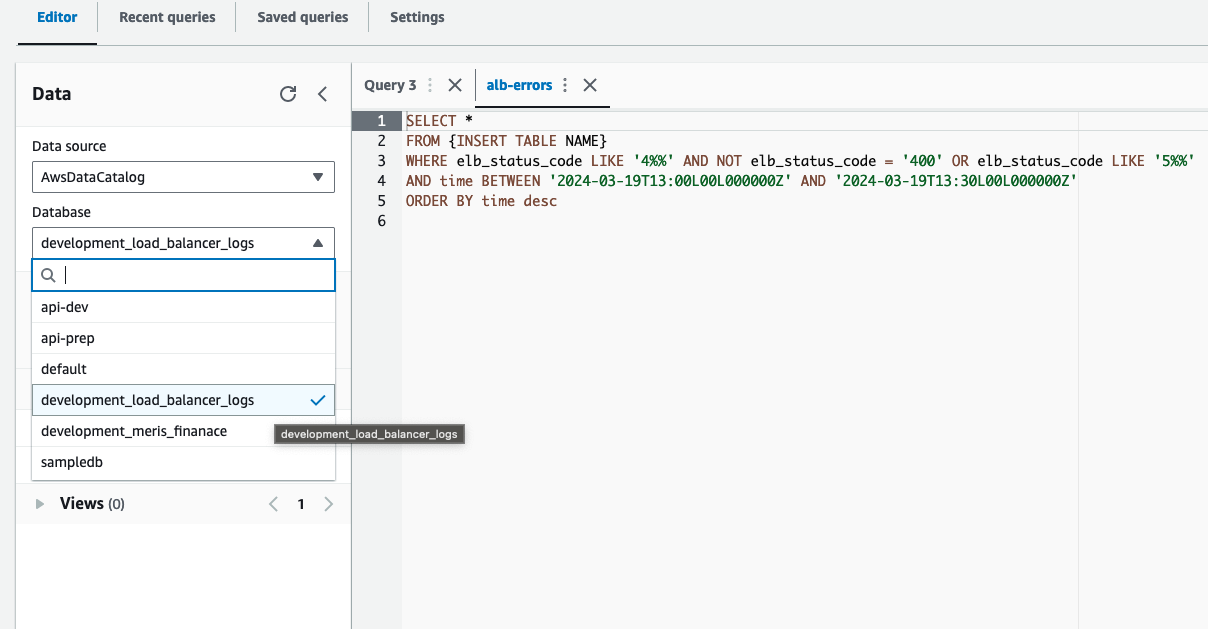 Image of AWS athena database dropdown